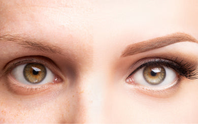 Split-face comparison of a woman's eyes. The left side shows a natural, sparse eyebrow, while the right side features a healed powder brow characterized by a soft, shaded, makeup-like appearance without individual hair strokes.