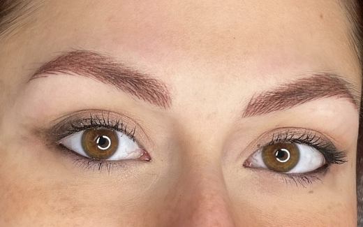 A close-up photograph of both brown eyes and eyebrows of a person looking forward, showcasing freshly done, sharply defined auburn (reddish-brown) cosmetic eyebrow tattoos.