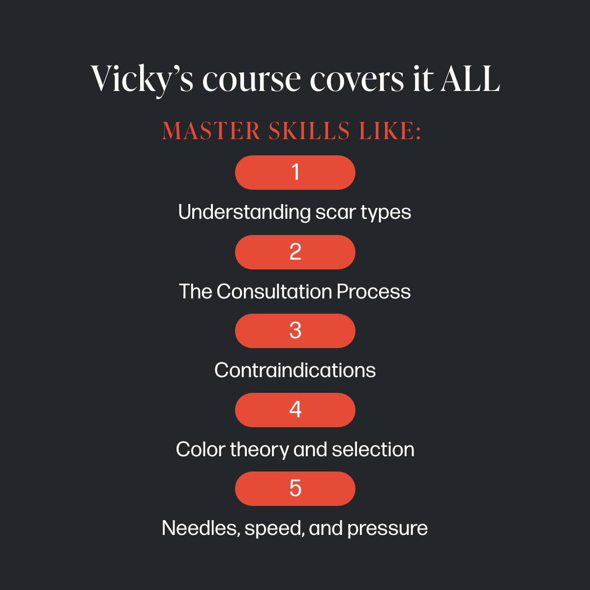 Vicky's Course Covers it all. Understanding scar types, consultation process, contraindications, color theory and selection, needles, speed and pressure