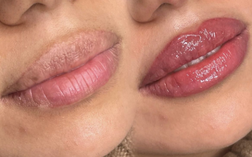 Side-by-side comparison of natural lips and vibrant PMU lip blush results.