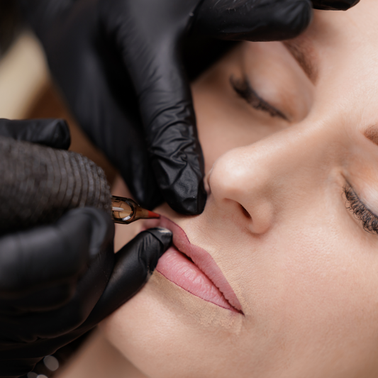 Close-up of a PMU artist wearing black gloves while performing a lip blush procedure on a client.